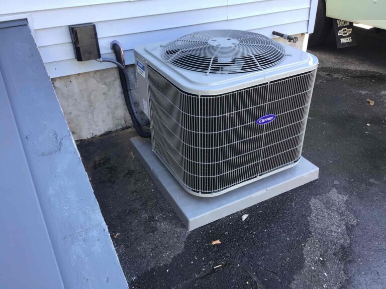 Outdoor central air conditioning unit installed by Laury Heating in Vineland
