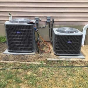 Two residential AC units being serviced in Washington Township NJ with HVAC tools on-site