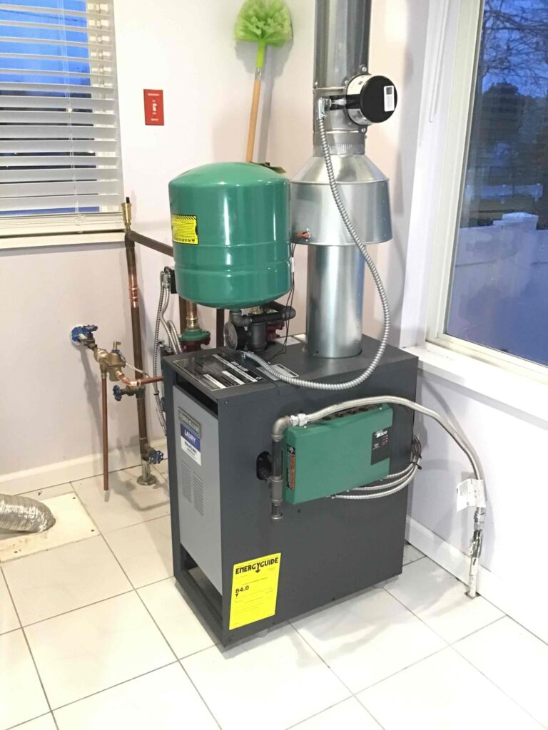 Heating boiler system installed in a residential utility room