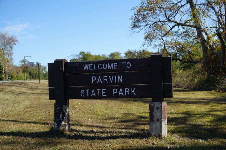 Parvin State Park entrance sign in Pittsgrove Township, New Jersey