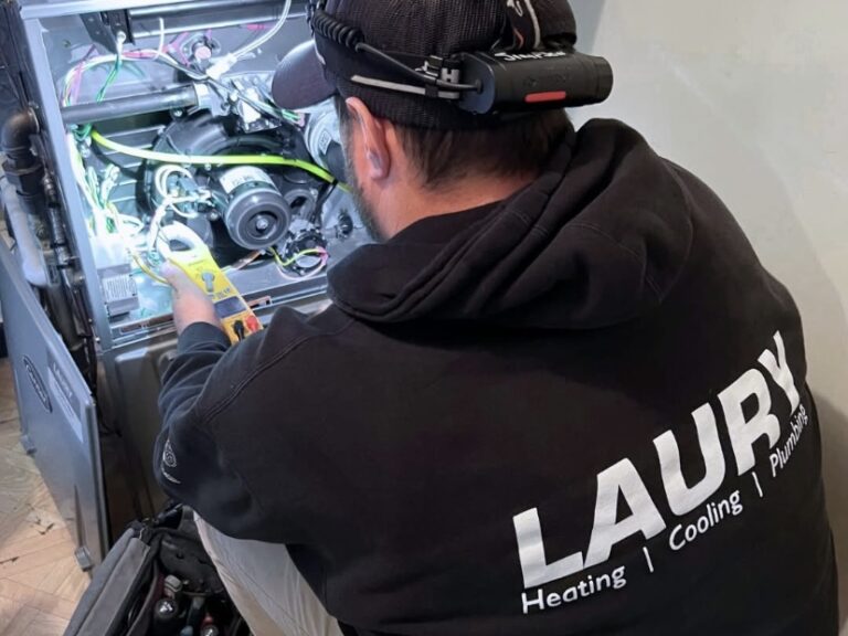 Laury Heating technician performing heating maintenance and furnace tune-up