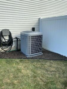 Laury Heating outdoor heat pump installed beside a home
