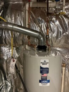 Bradford White gas water heater installed in a Mays Landing, NJ basement