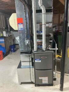 Lennox gas furnace with new duct connections installed in a basement on Mills Lane in Williamstown, NJ.
