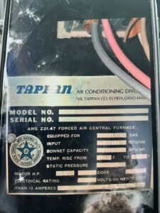 Tappan gas furnace identification plate from a heating service visit on Mart Avenue in Vineland, NJ.